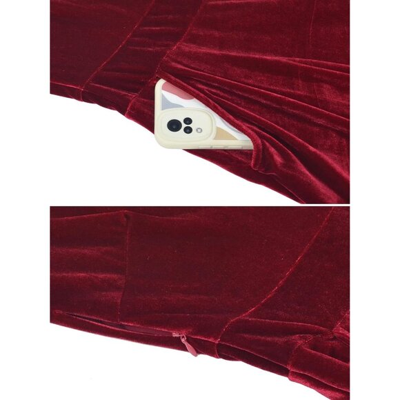 Women Red Velvet Short Puff Sleeve Flare Semi-Formal Summer Dress With Pockets - Picture 3 of 4
